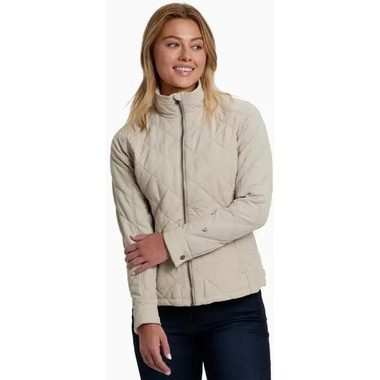 A front view of the Kuhl Women's Stunnr Insulated Jacket in Coffee on a model against a white background.