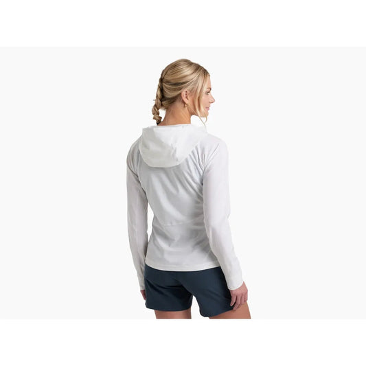 Back view of the Kuhl Women's Sunshade Hoody in Alpine White on a model against a white background.