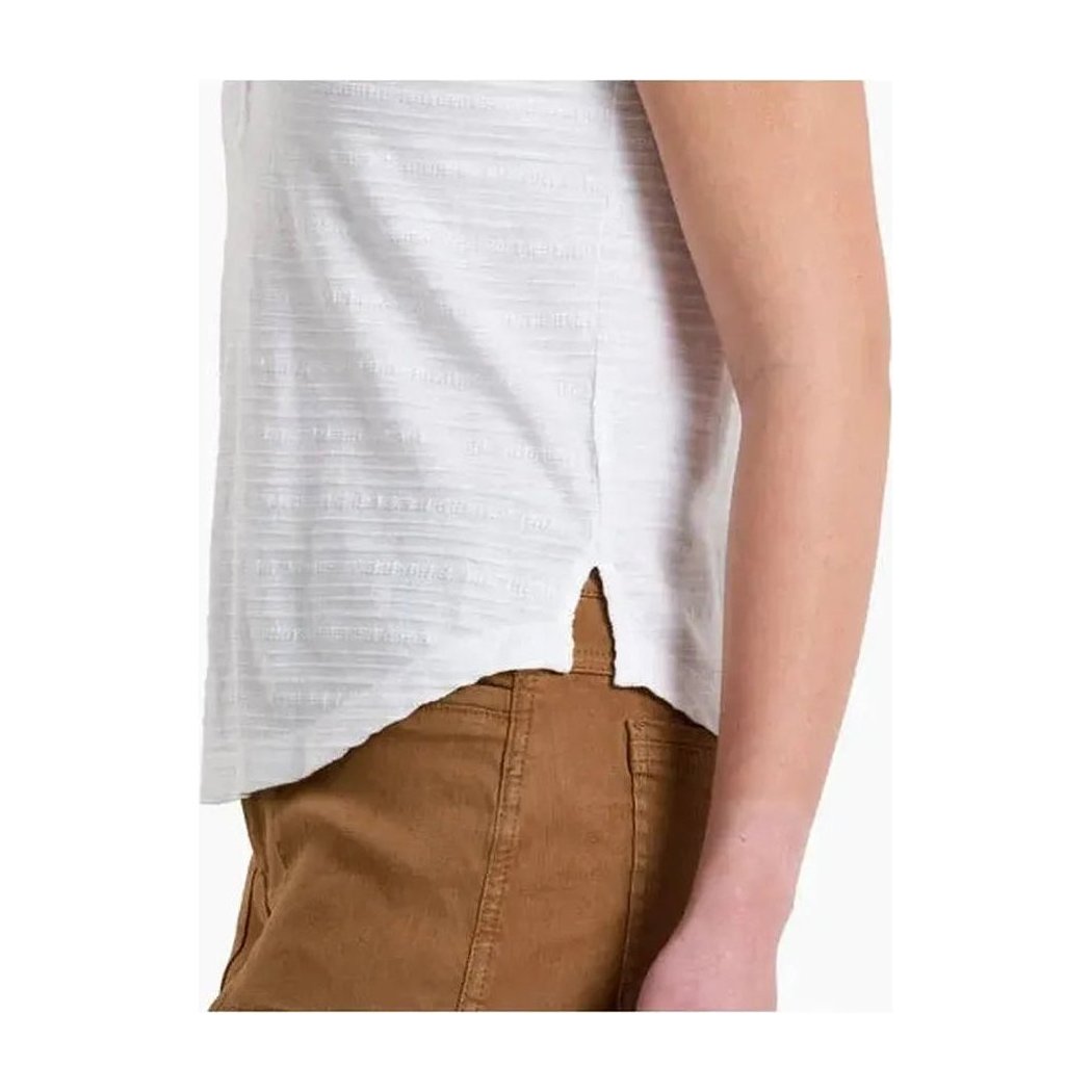 Side view of the Kuhl Women's Willa Henley Tank in Slate Green showing the hem detail and model wearing it.