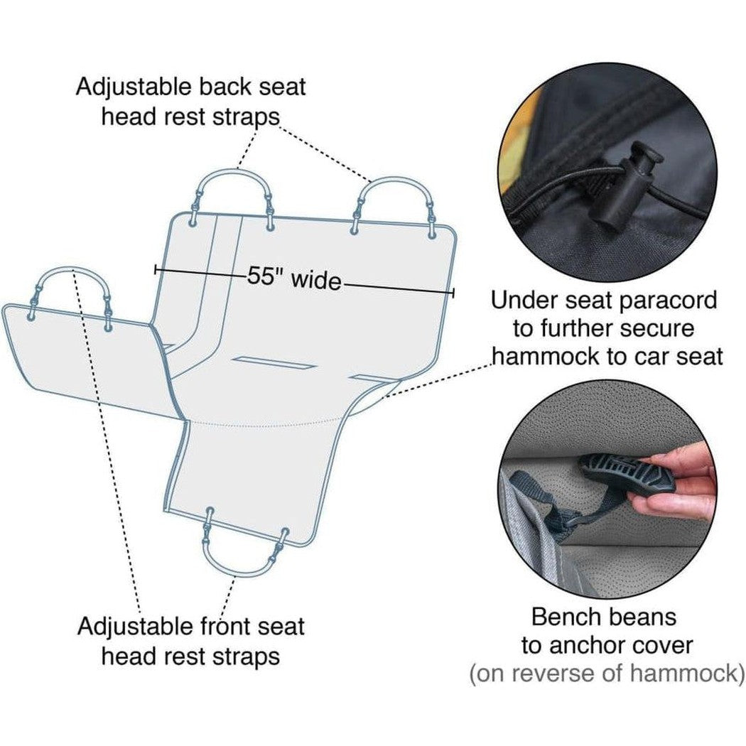 Side view of the Kurgo Wander Hammock in Charcoal showing adjustable straps and bench beans for car seat anchoring.