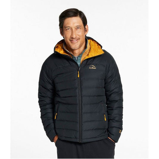 A front view of the L.L.Bean Men's Bean's Down Hooded Jacket in Black with a yellow hood lining, showing the model wearing it against a plain white background.