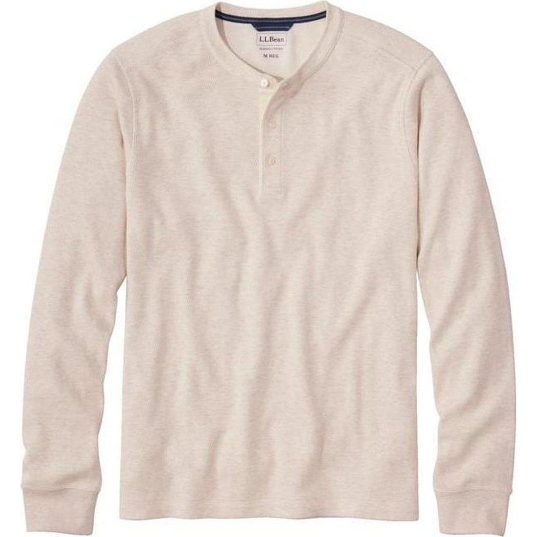 A front view of the L.L.Bean Men's Bean's Waffle Knit Henley in Oatmeal Heather showing the button placket and long sleeves.