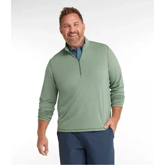 A man wearing the L.L.Bean Men's Everyday SunSmart Tee, Long-Sleeve Quarter-Zip in Sea Green stands against a plain white background.