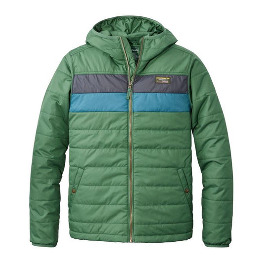 A front view of the L.L.Bean Men's Mountain Classic Colorblock Puffer Hooded Jacket in Iron/Putty with a blue and gray stripe across the chest.