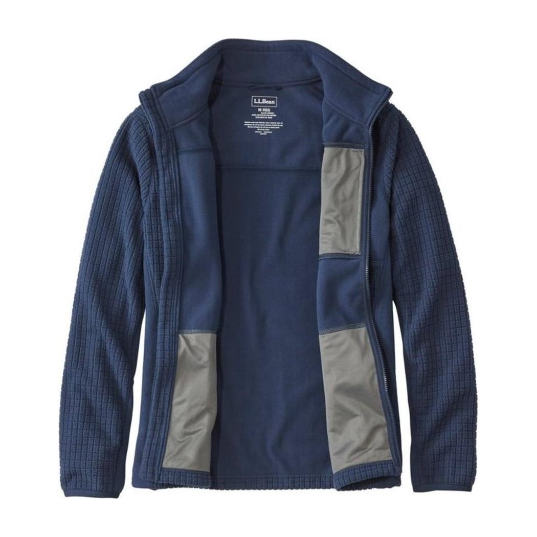 A front view of the L.L.Bean Men's Mountain Classic Windproof Fleece Jacket in Black showing the interior and gray pocket accents against a white background.
