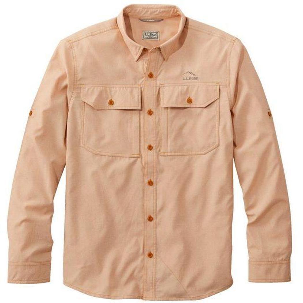 A front view of the L.L.Bean Men's No Fly Zone Shirt Long-Sleeve in Dark Amber showing the chest pockets and button front against a white background.