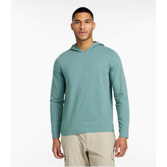 A front view of the L.L.Bean Men's Regular Insect Shield Field Hoodie in Mineral Blue on a model wearing khaki pants against a white background.