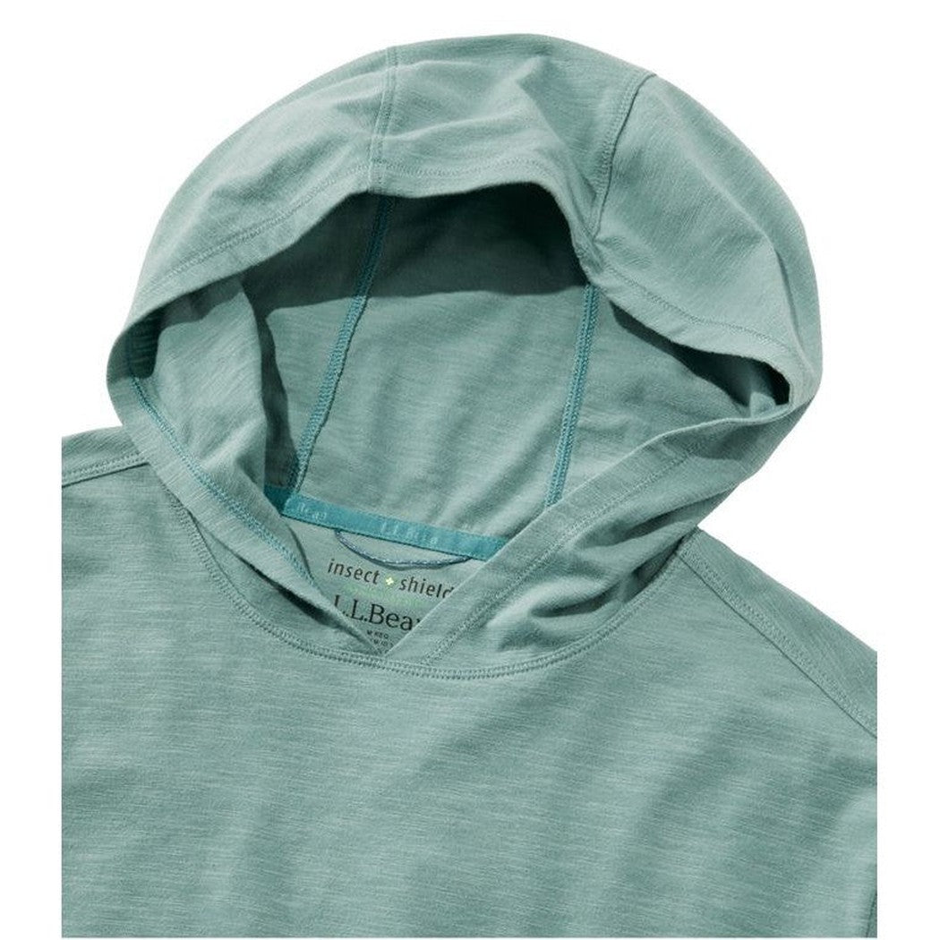 A close-up of the L.L.Bean Men's Regular Insect Shield Field Hoodie in Mineral Blue showing the hood and label against a white background.