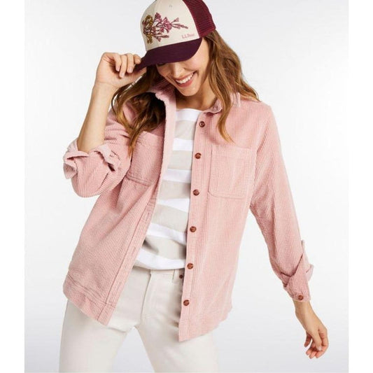 A woman wearing the L.L.Bean Women's Comfort Corduroy Relaxed Shirt Long Sleeve in Carbon Navy poses against a white background.