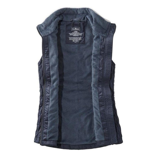 Back view of the L.L.Bean Women's Fleece-Lined PrimaLoft Vest in Carbon Navy showing the interior lining and label against a white background.