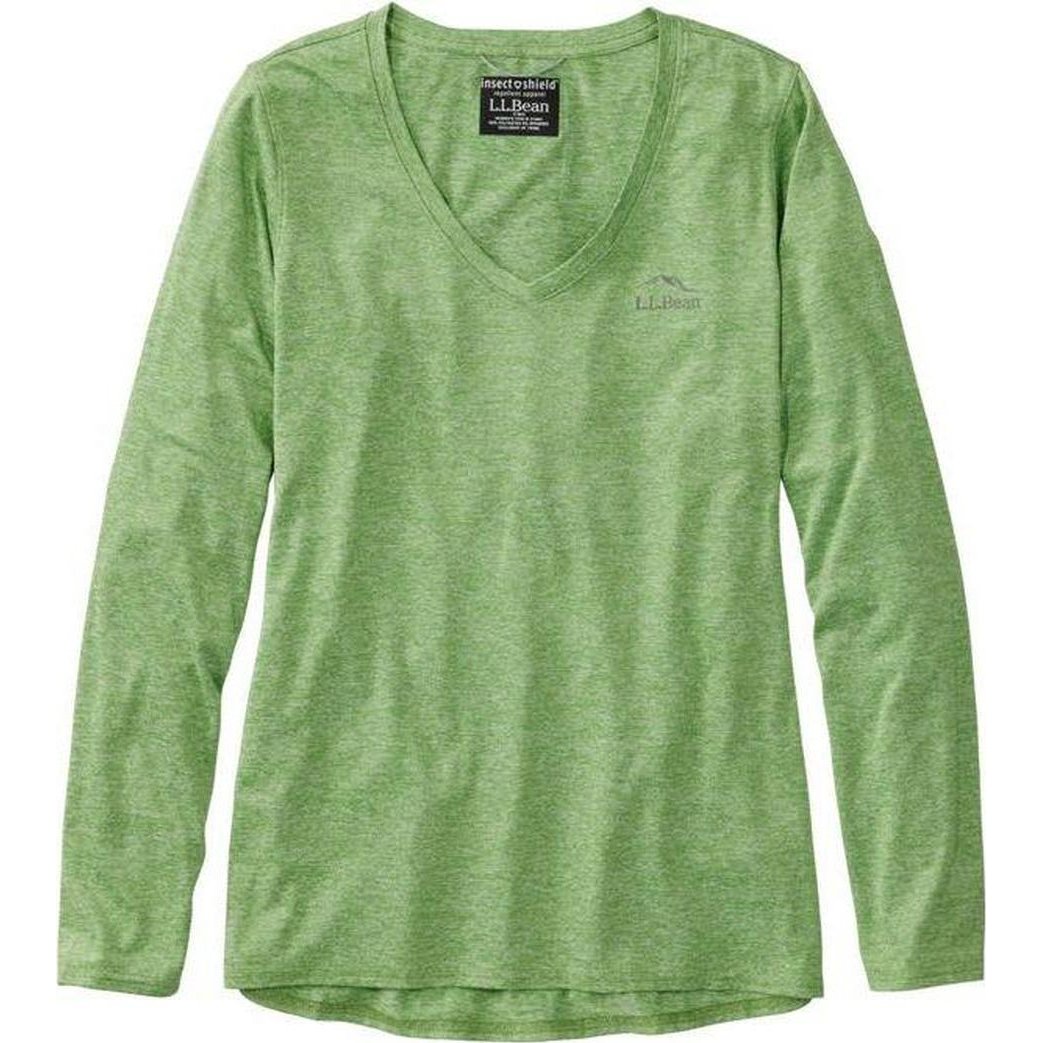 A front view of the L.L.Bean Women's Insect Shield Pro Knit Crew in Dark Lichen showing the V-neck and long sleeves against a white background.