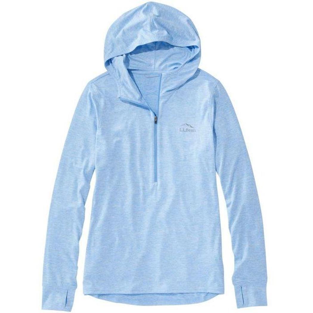 A front view of the L.L.Bean Women's Insect Shield Pro Knit Hoodie in Blue Aster Heather showing the half-zip and hood against a white background.