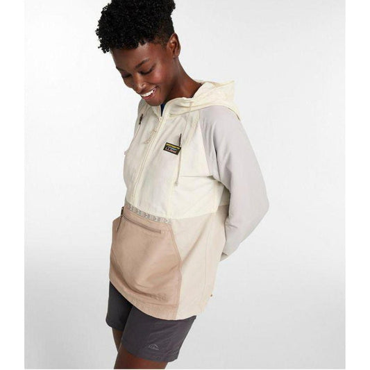 Side view of the L.L.Bean Women's Mountain Classic Anorak Multi Color in Paperwhite/Putty showing the front pocket and hood against a white background.