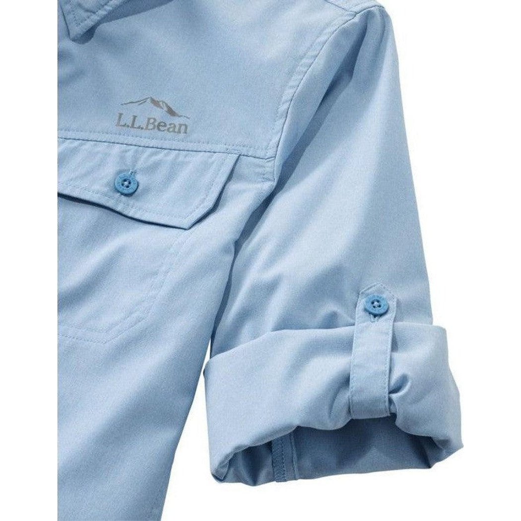 A close-up of the L.L.Bean Women's Regular No Fly Zone Shirt Long-Sleeve in Blue Aster showing the chest pocket and rolled sleeve cuff.