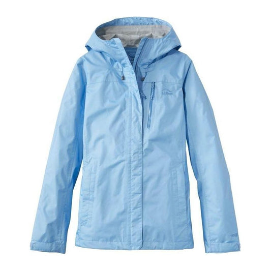 A front view of the L.L.Bean Women's Regular Trail Model Rain Jacket in Lake color with a hood and chest pocket against a white background.