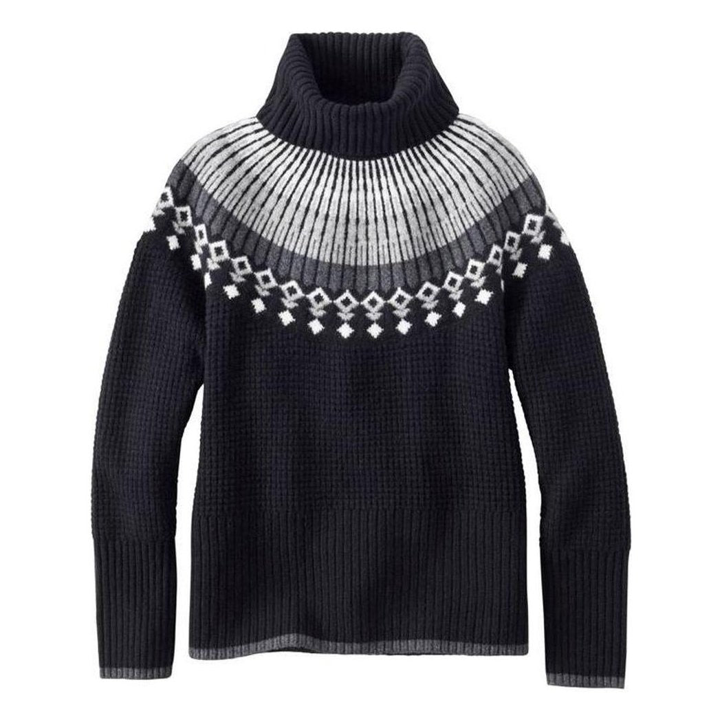 A front view of the L.L.Bean Women's SuperSoft Waffle Turtleneck Fair Isle Sweater in Black Fair Isle against a white background.
