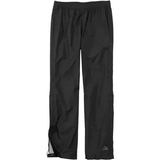 Black L.L.Bean Women's Trail Model Rain Pants shown from front with elastic waistband and logo on lower leg, against white background.