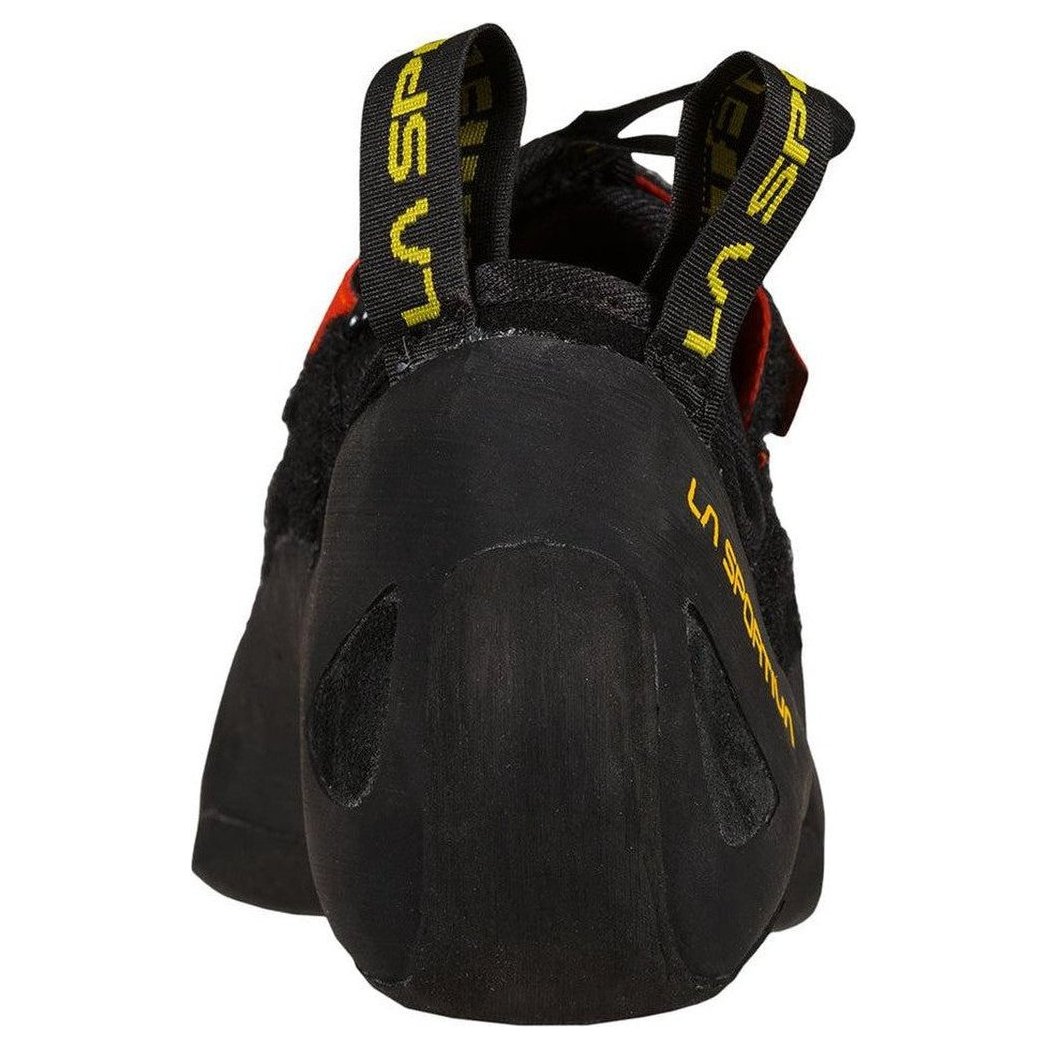 Back view of the La Sportiva Tarantula climbing shoe in Black/Poppy showing the heel and brand logo on the sole.