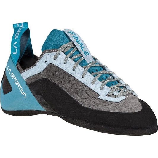 Side view of the La Sportiva Women's Finale climbing shoe in Clay/Topaz with a teal tongue and gray laces against a white background.