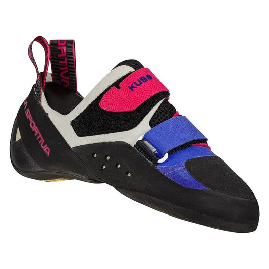 Side view of the La Sportiva Women's Kubo climbing shoe in Royal/Love Potion with pink and blue straps against a white background.