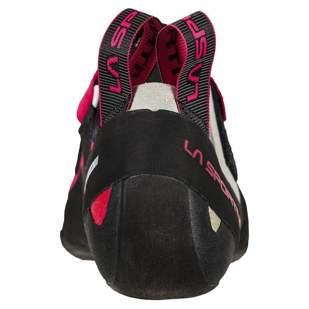 Back view of the La Sportiva Women's Kubo climbing shoe in Royal/Love Potion showing the heel strap and sole against a white background.