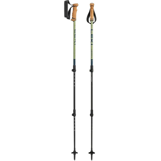 Two Leki Legacy Lite trekking poles with tan grips and black straps, shown upright against a white background.