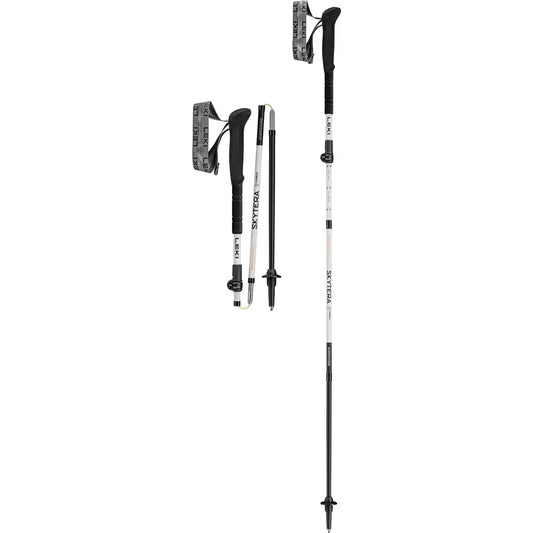 A full view of the Leki Skytera FX Carbon SL trekking pole with its adjustable sections and black/white design against a white background.