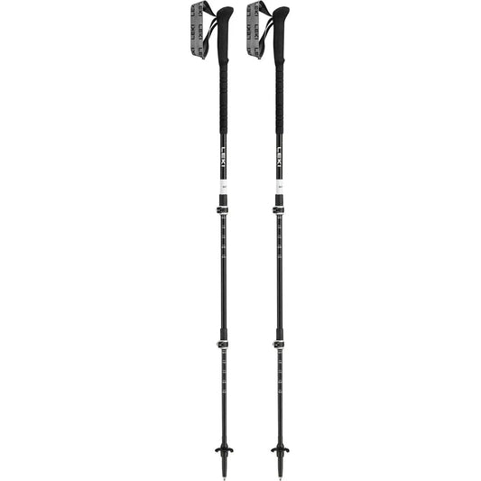 Two black Leki Skytera Lite trekking poles with gray straps and white accents stand upright against a plain white background.