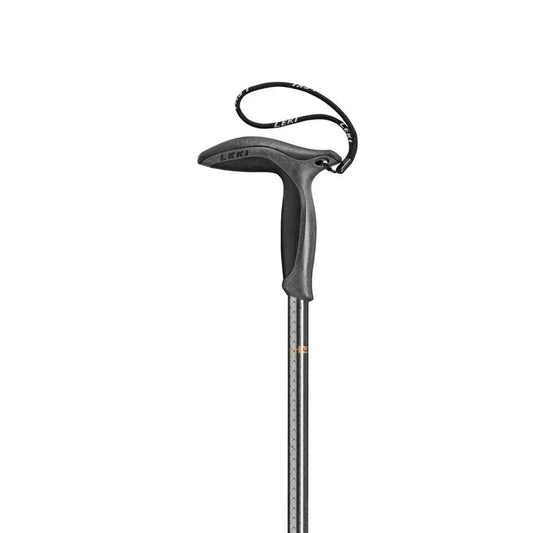 A side view of the Leki Wanderfreund Makalu trekking pole with a black handle and a white background.