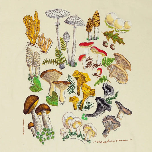 A colorful illustration of various mushrooms and plants on a Natural Liberty Graphics Mushrooms Short Sleeve T.