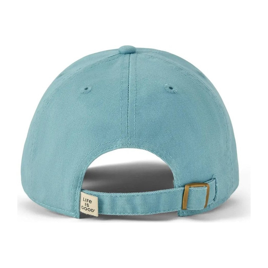 Back view of the Life is Good Kids Guitar Frog Kids Chill Cap in Cool Blue showing the adjustable strap and "Life is Good" tag.
