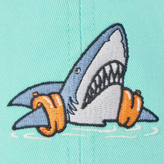 Aqua Blue Life is Good Kids Shark Floaty Swim Kids Chill Cap showing the shark design and orange floaty hands against a light background.