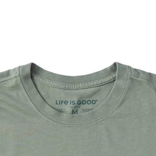 A close-up of the Life is Good Men's Bear in the Outdoors Short Sleeve Tee in Moss Green showing the collar and tag against a white background.