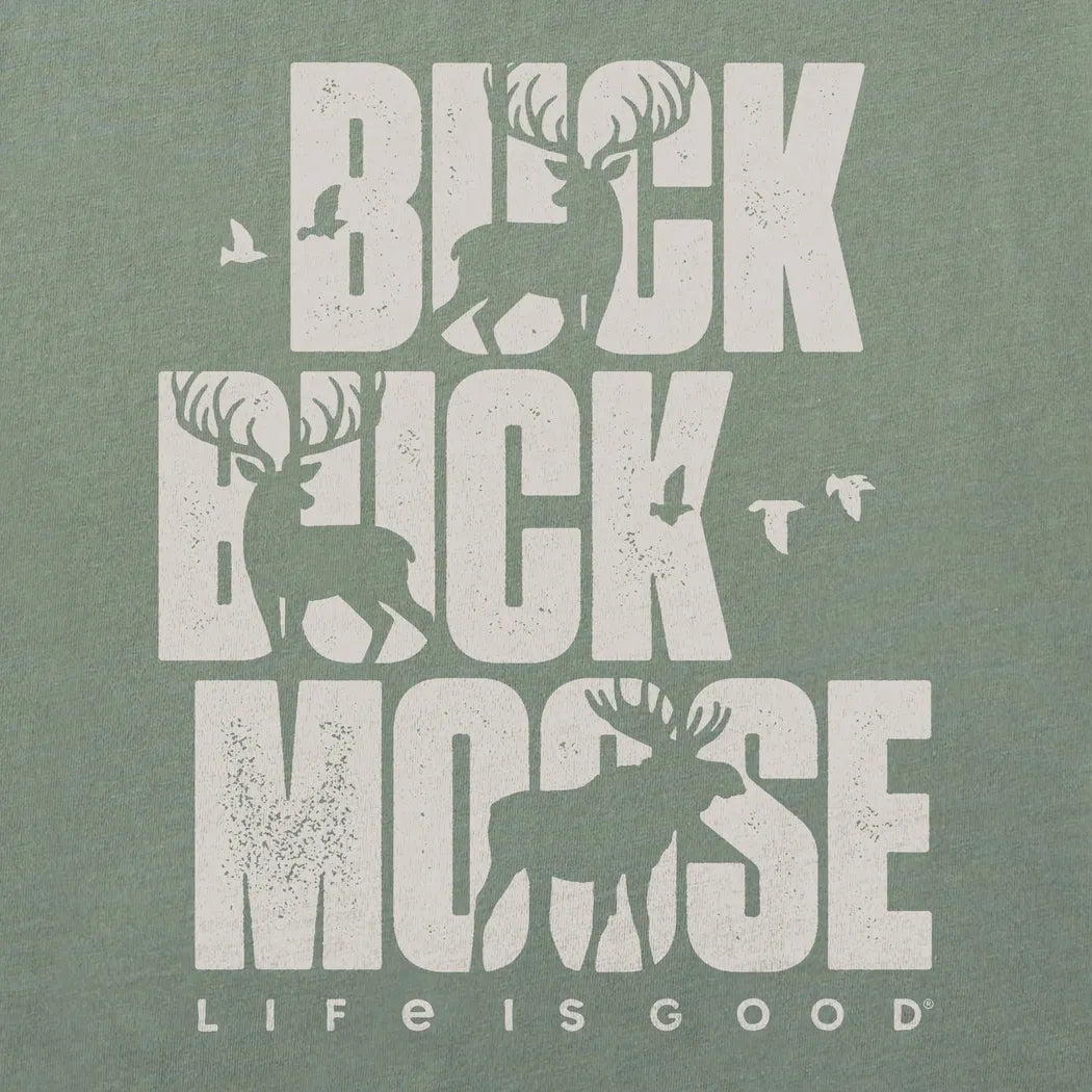 A moss green Life is Good Men's Buck Buck Moose Stack Crusher-LITE tee with deer and bird graphics.