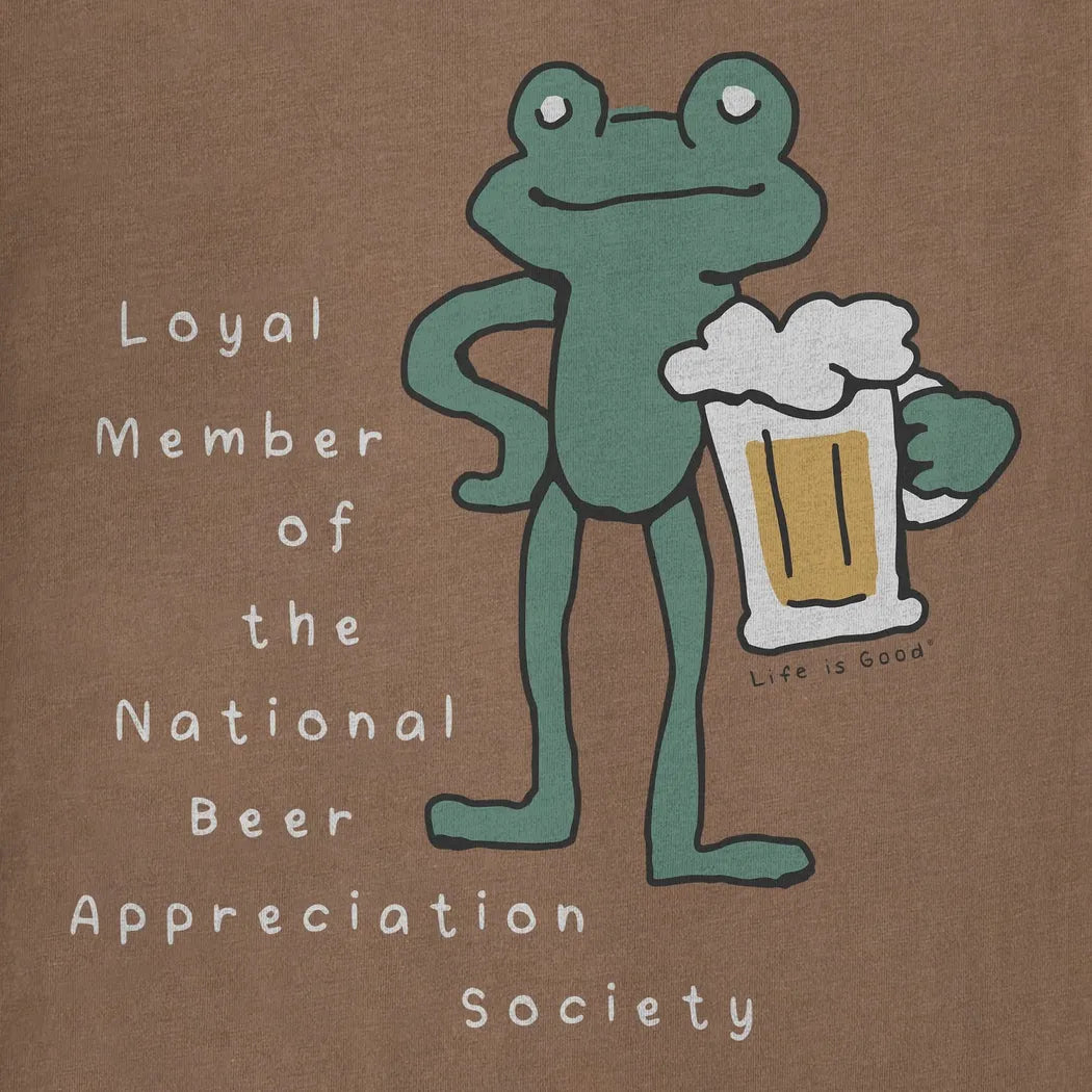 A mushroom brown tee with a frog holding a beer mug and text about the National Beer Appreciation Society.