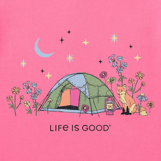 A pink tee with a tent, fox, and flowers, saying "Life is Good" at the bottom.