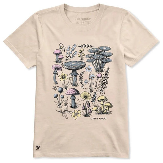 A front view of the Life is Good Women's Collection of Mushrooms Short Sleeve Crusher Tee in Birch White showing the mushroom and floral graphic on a light colored tee.
