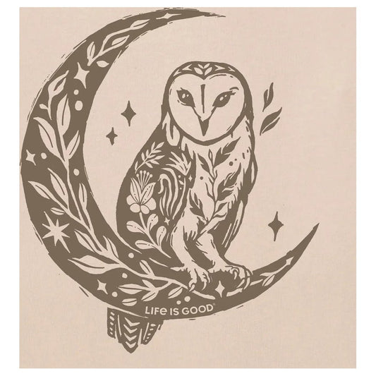 A graphic tee with an owl on a moon and "Life is Good" text, in Birch White.
