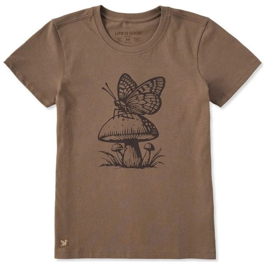 A front view of the Life is Good Women's Mushy Butterfly Short Sleeve Crusher Tee in Mushroom Brown showing the butterfly and mushroom graphic on the chest.