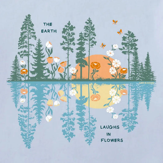 A nature scene with trees, flowers, and a sunset reflected in water, labeled "The Earth Laughs in Flowers" on a Glacier Blue background.