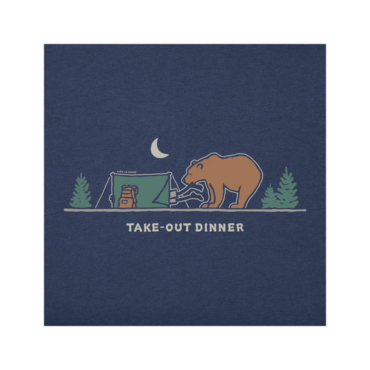 A dark blue Life is Good Women's Take-Out Dinner Crusher Tee shows a bear at a campsite under a moon.