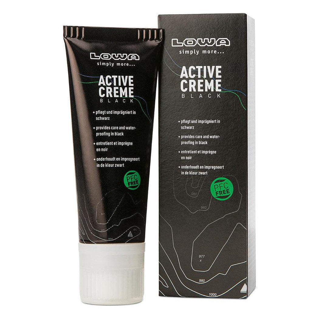 A side view of the Lowa Active Creme Black 75 ml tube and box against a white background.