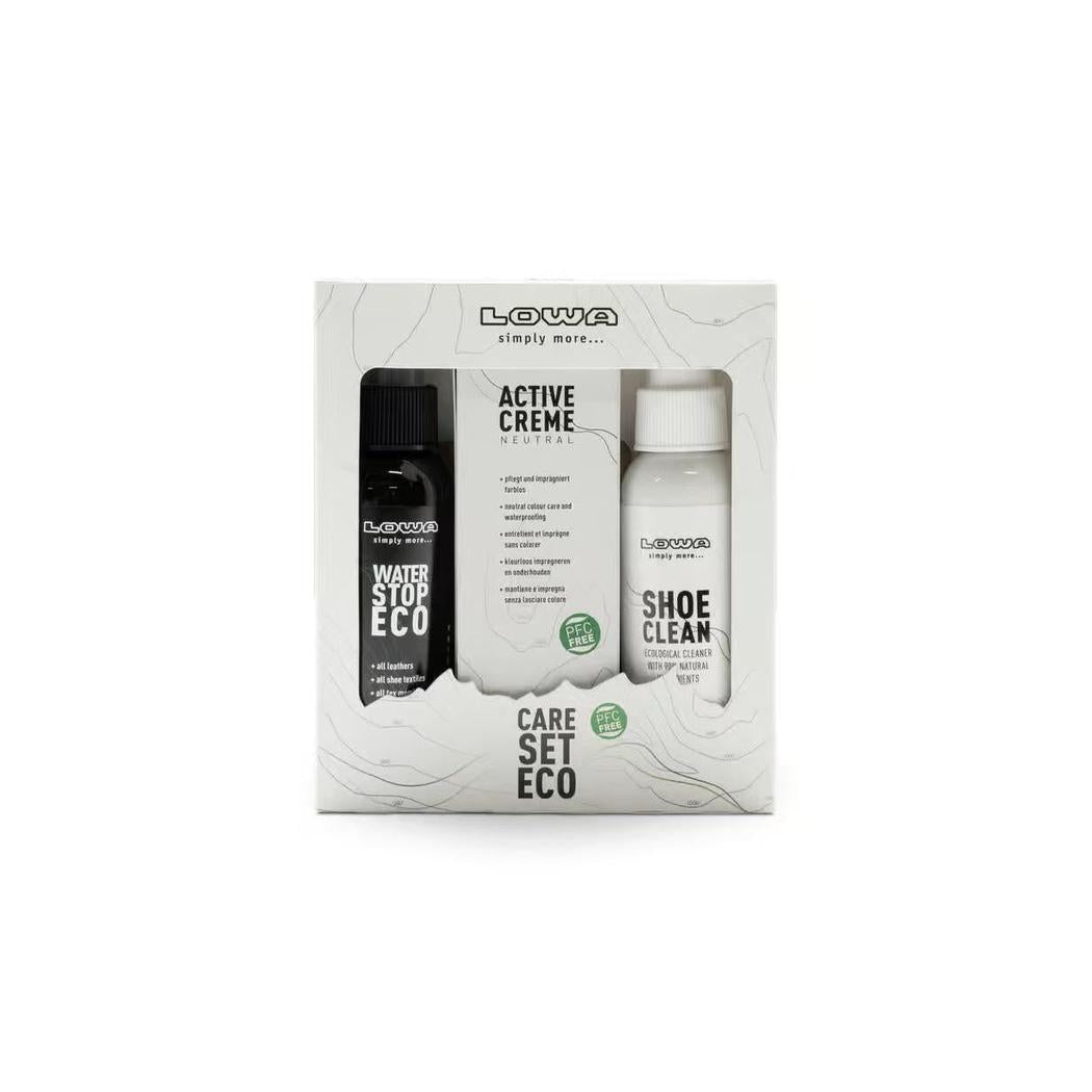 A front view of the Lowa Care Set Eco cleaning kit with three bottles in a white box against a white background.
