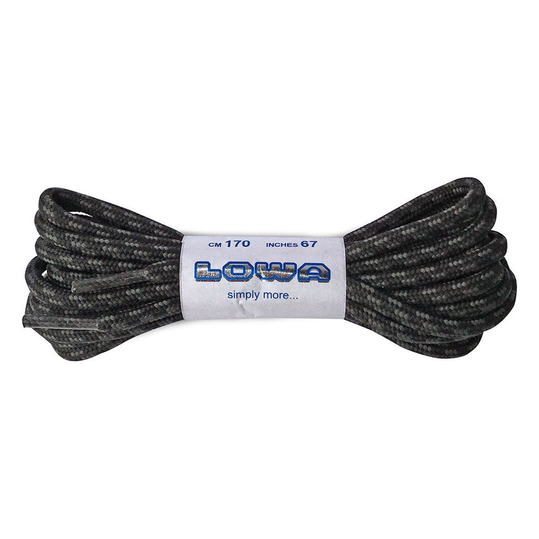 A bundle of Lowa Laces in Charcoal/Graphite with a white label showing 170 cm length against a plain white background.