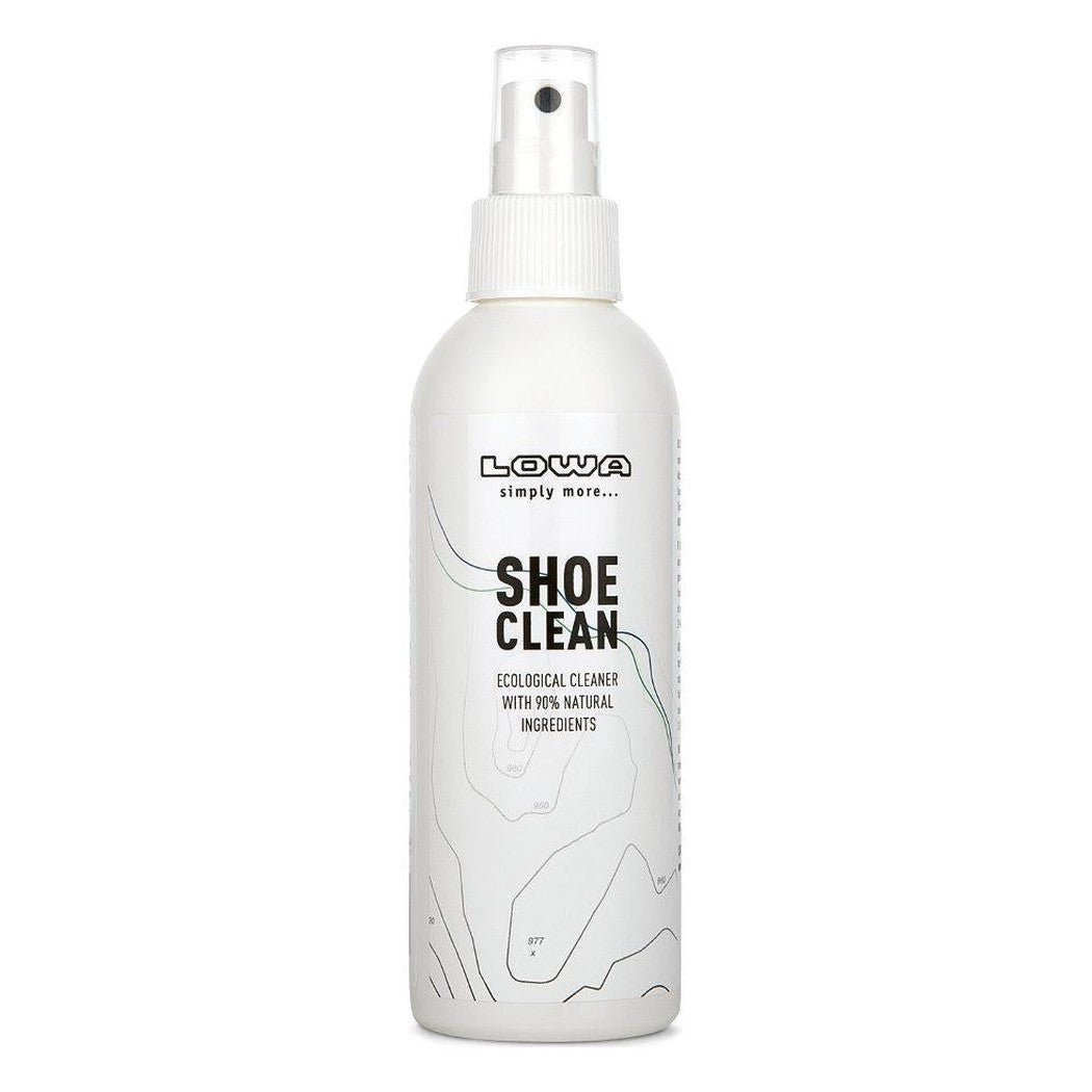 A front view of the Lowa Shoe Clean 200 mL spray bottle against a white background.