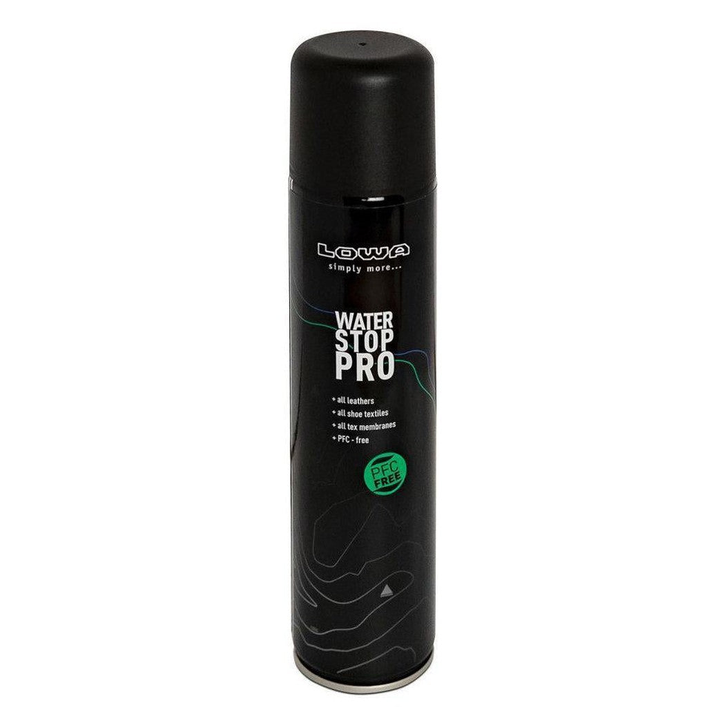 A front view of the black Lowa WaterStop Pro 300 ml spray can against a white background.