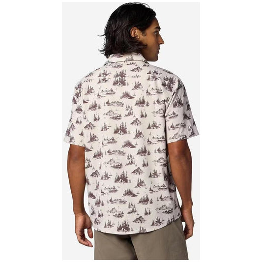Back view of the Marmot Men's AirExchange Short Sleeve Shirt in Birch Bark Lake Side Campout showing the nature print and model wearing it.