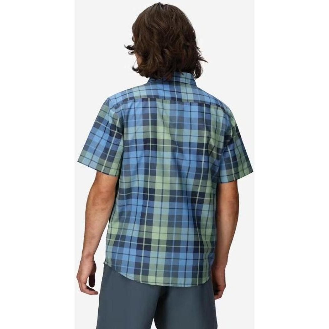 Back view of the Marmot Men's AirExchange SolarShield Novelty SS Shirt in ArcNavyWaylPlai on a model wearing dark shorts against a plain background.