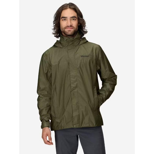 A front view of the Marmot Men's PreCip Eco Jacket in Arctic Navy on a model against a plain white background.