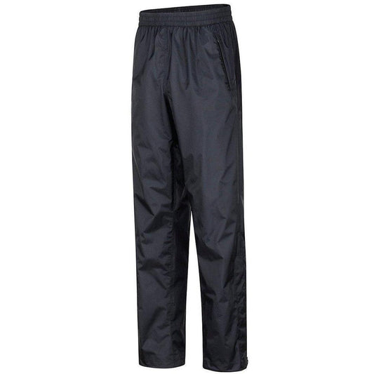 Side view of the Marmot Men's PreCip Eco Pant in Black showing the elastic waistband and side pocket against a white background.